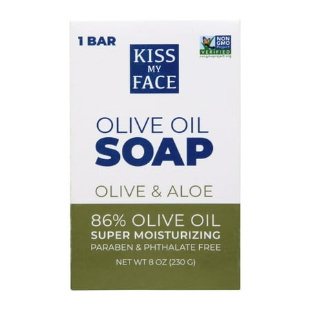 Kiss My Face All natural Vegan Olive & Aloe Bar Soap 86% Olive Oil All Natural Vegan Rich Foamy Facial and Body Wash Super Moisturizing Hypoallergenic Paraben & Phthalate Free 8 oz