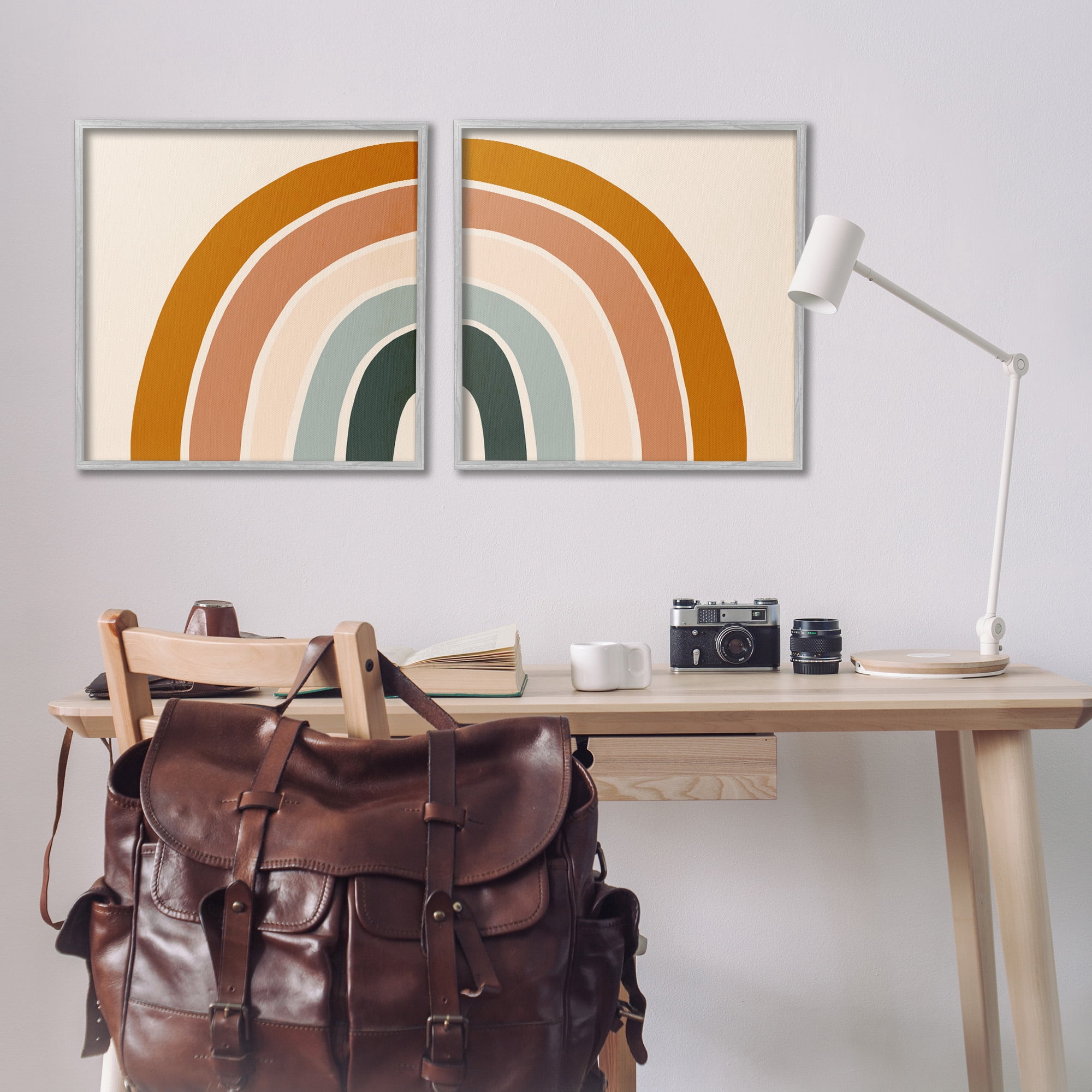 Stupell Industries Asymmetric Warm Retro Rainbow Art for Kids Painting Gray Framed Art Print Wall Art, 24 x 24, Set of 2