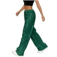 thumbnail image 4 of WULMLEO Sparkly Pants for Women Fashion Wide Leg Stretchy Sparkling Sequin Long Trouser Comfortable Pants Party Green M, 4 of 6