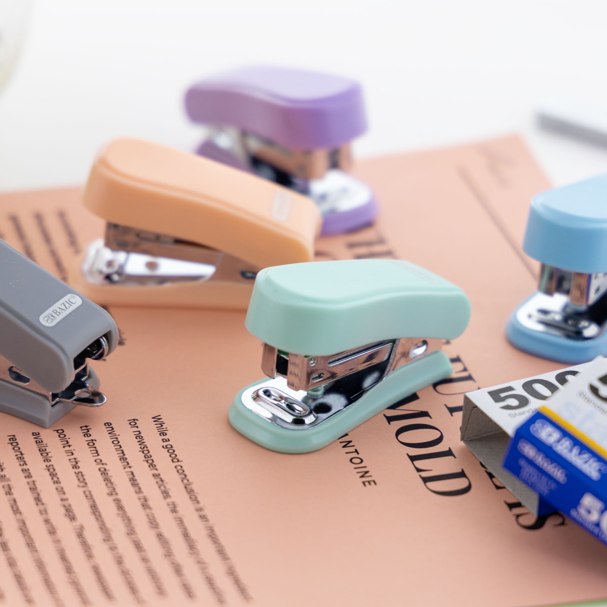 BAZIC Mini Stapler w/ 500 Staples, Standard (26/6) Pastel Color, Built-in Staple Remover, 24-Pack