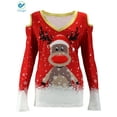 thumbnail image 3 of Deago Women's Christmas Off Shoulder Tops Xmas Elk Print Long Sleeve T-Shirts Casual Loose Sexy V Neck Tunic Blouses (Red, 2XL), 3 of 9