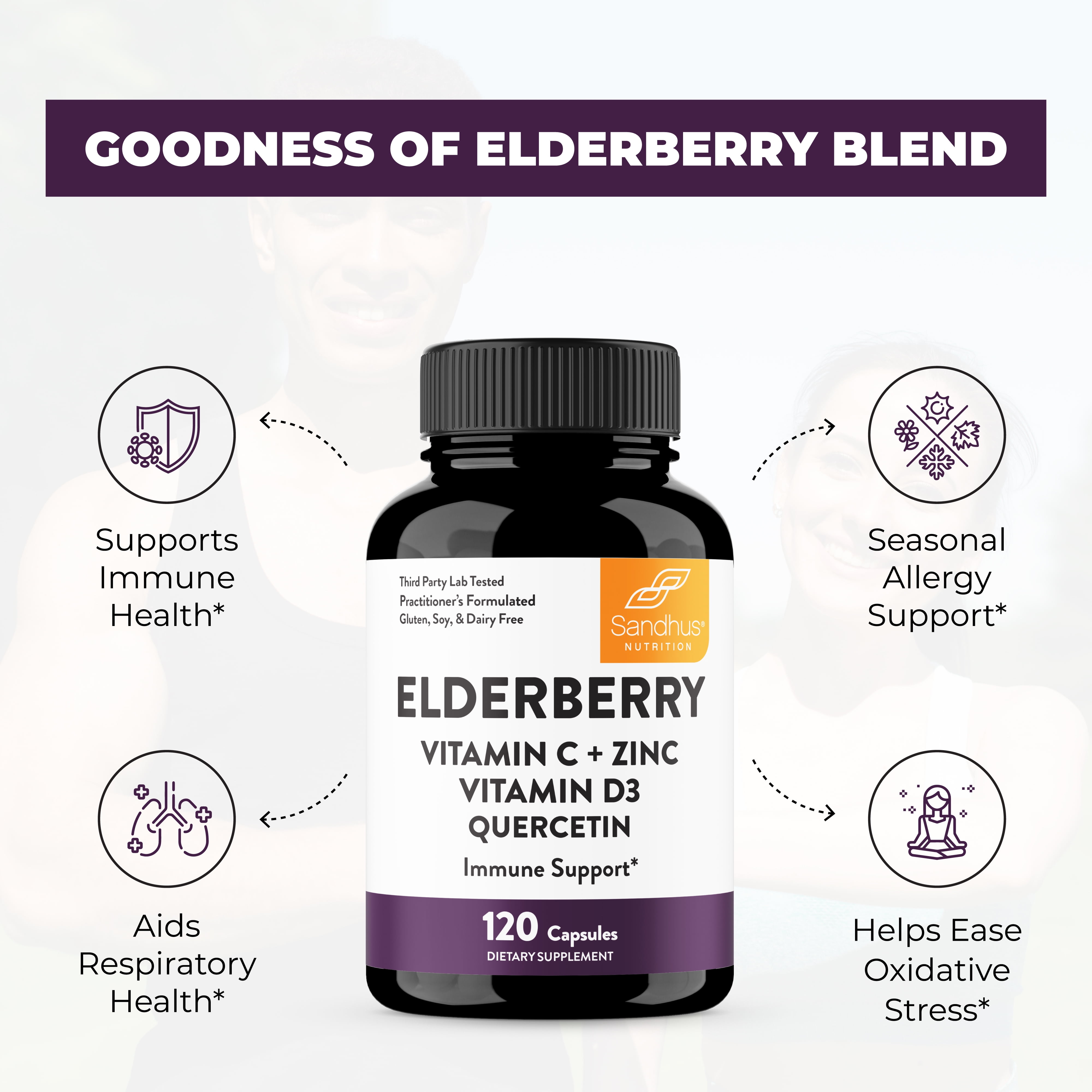 Elderberry Vitamin C and Zinc Capsules for Adults | 120 Count with Quercetin & Vitamin D3 | 6-in-1 Immune Support Supplement Pills | Sambucus Black Elderberry Natural Immunity Vitamins | Made in USA
