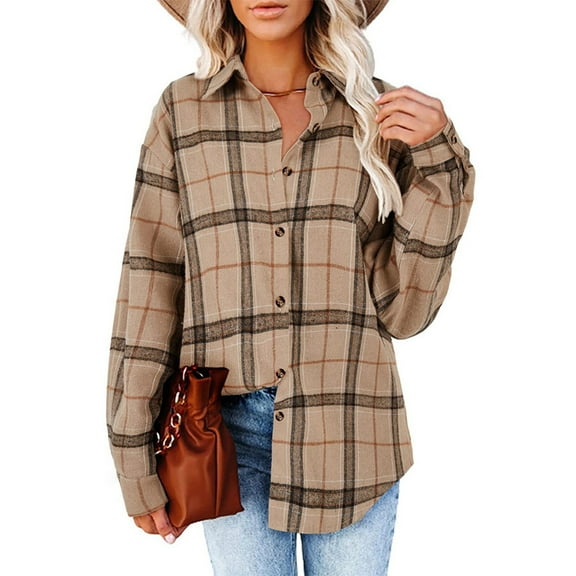 Women's Long Sleeve Collar Long Button Down Plaid Shirt Blouse Tops （Khaki）,,XL,
