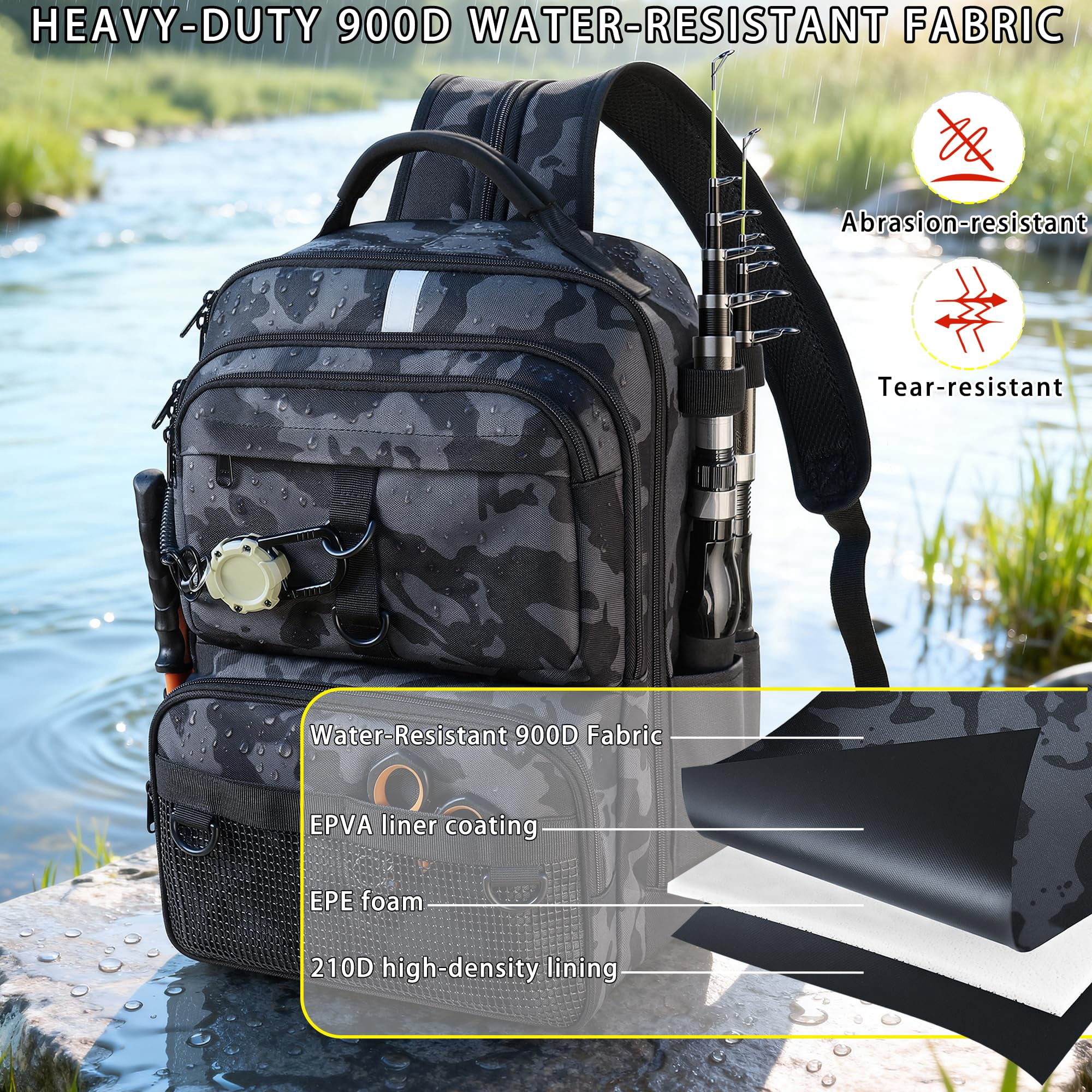 Fishing Backpack With Tackle Boxes And Rod Holder  24l Sling Bag Lures Kit Gear Gifts For Men Women - Black Camo