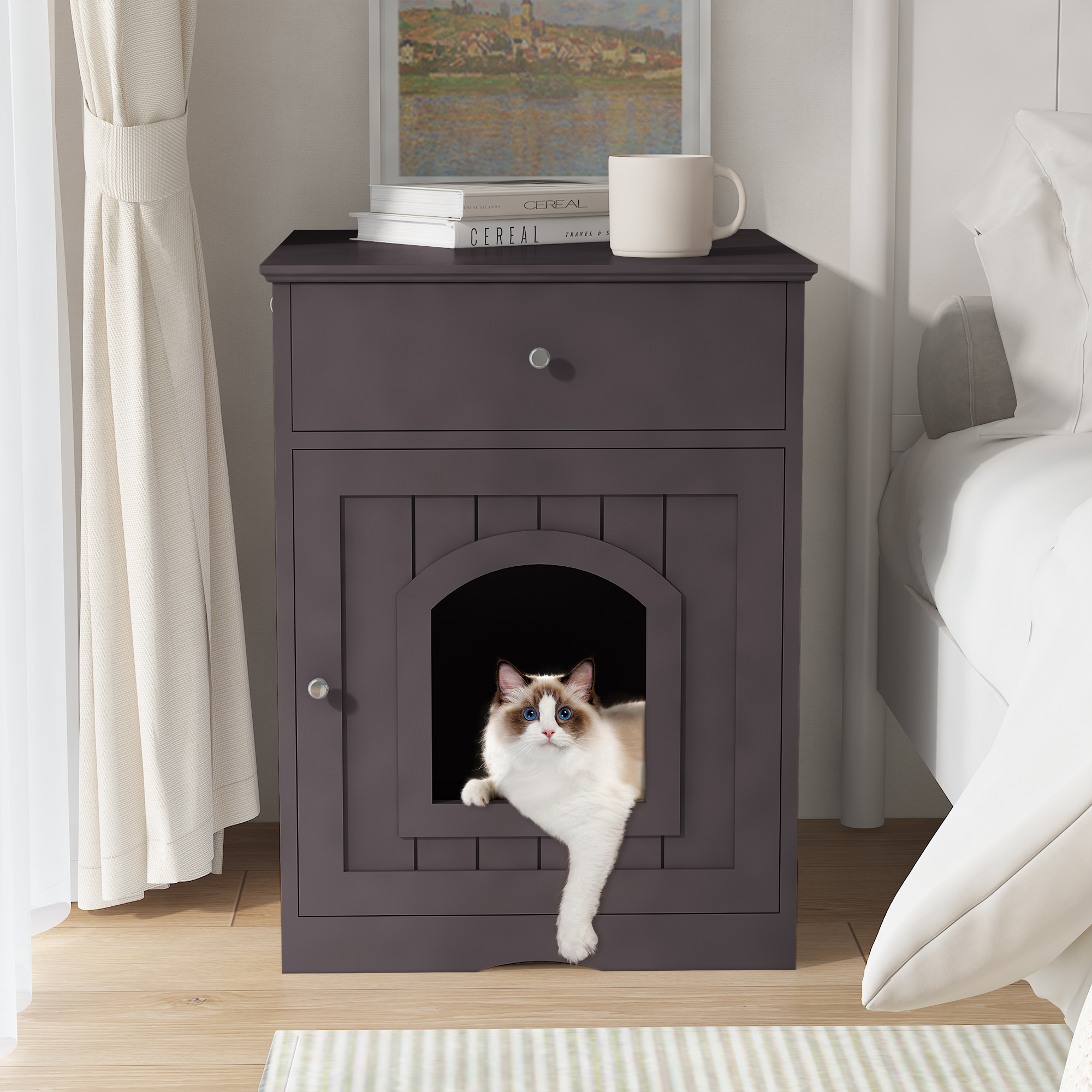 Wooden Pet House Cat Litter Box Enclosure with Drawer, Side Table ...