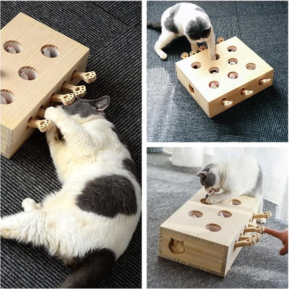 Wooden Whack-a-mole Interactive Cat Toy for Indoor Cats Interactive Pet Toy Box Cat Puzzle Toy for All Ages Cats for Indoor Play Exercise (5 Holes)