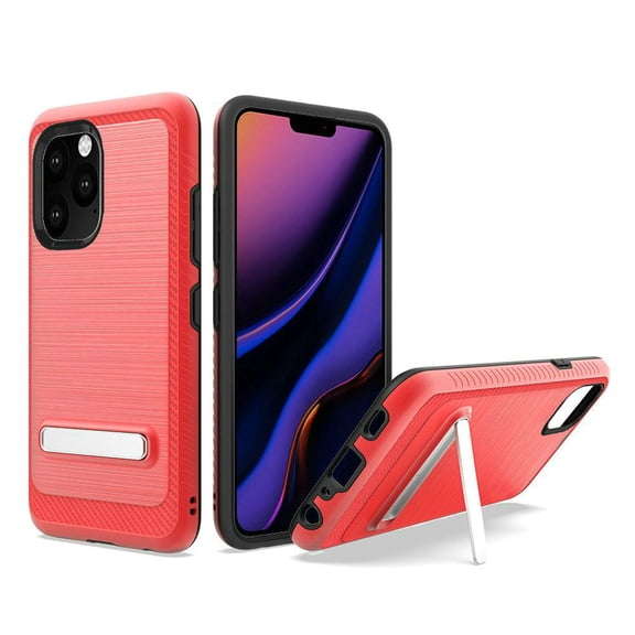 For Apple iPhone 13 Pro (6.1") Slim Brushed Hybrid Shock-Absorption Armor Edged Carbon Fiber with Metal Kickstand Rugged Texture Cover ,Xpm Phone Case [Red]