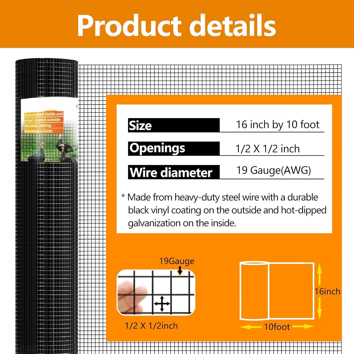 DEA Black 19 Gauge 1/2 Inch Hardware Cloth - Vinyl Coated Welded Wire Mesh Roll - Duty Rust Proof Fencing for Gardens, Poultry Animal Netting Cage Screen (Black 1/2 16inx10Ft)