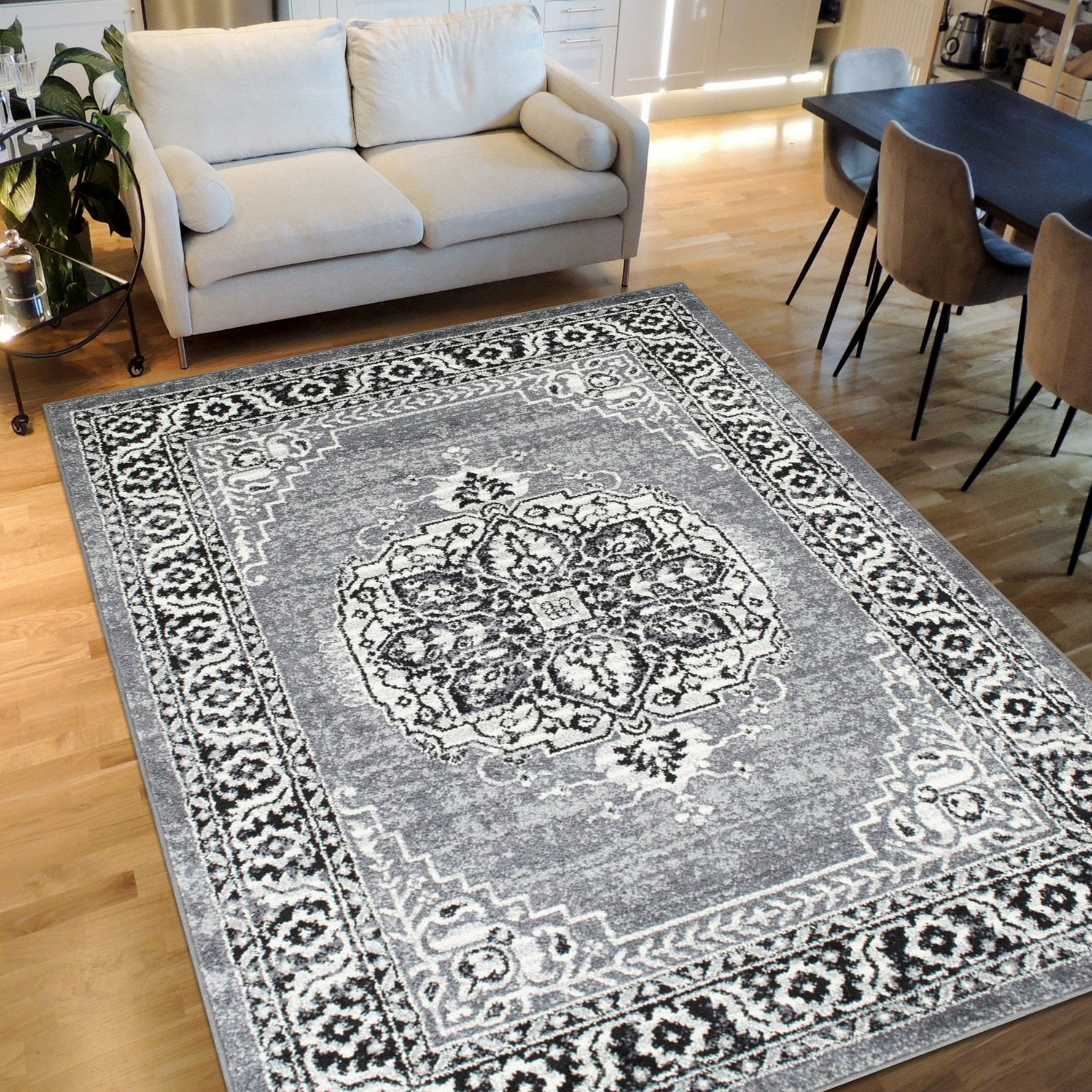 Gray/Ivory/Charcoal Faded, Oriental Distressed Area Rug Vintage