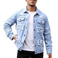 thumbnail image 3 of Men's Ripped Denim Trucker Jacket, Button Front Casual Jean Coat with Patch Long Sleeve Outerwear for Street Work Travel Daily, 3 of 8