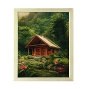 Tropical Jungle Cabin Retreat, 5 x 7 Wooden Framed Print Sign Easy Installation | Forest and Trees | Stylish Modern Decoration For The Home and Officer