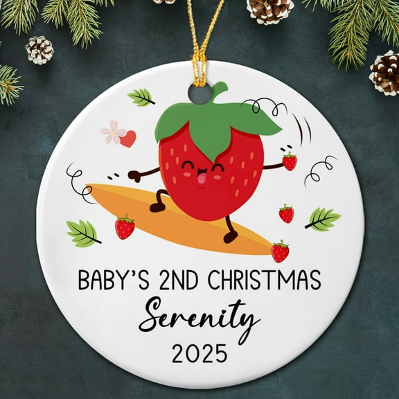 Personalized Baby's 2nd Christmas Ceramic Ornament Christmas Tree, Skateboarding Baby Strawberry Ornament Gift for Baby Boy Girl Christmas 2025, Baby's 2nd Xmas Ceramic Ornaments Custom Baby's Name