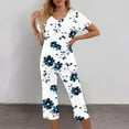 thumbnail image 2 of Pajama Sets for Women 2 Piece Floral Print Soft Cotton Short Sleeve Sleepwear V Neck Top and Capri Pants Pjs Outfits (M, White 05), 2 of 5
