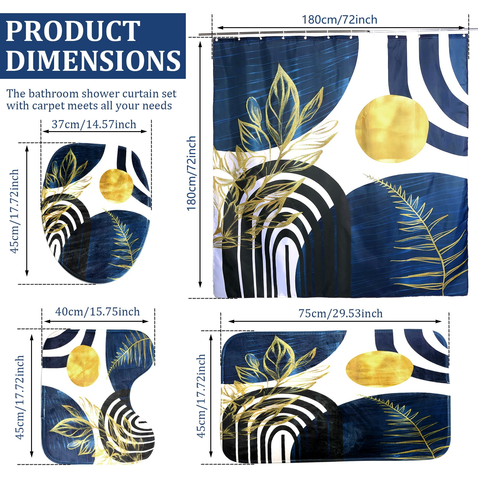 Dznils Boho Fabric Shower Curtain and Rug Sets, 16pc Modern Abstract Bathroom Sets, Blue, 72" x 72"