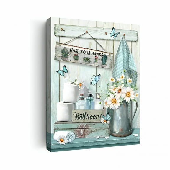 LAMIRO Farmhouse Bathroom Decor Wall Art Rustic Flower and Butterfly Bathroom Pictures Canvas Print Teal Country Bathroom Wall Decor Vintage Bathroom Wall Art Framed Ready to Hang 12"X16" Wall Art