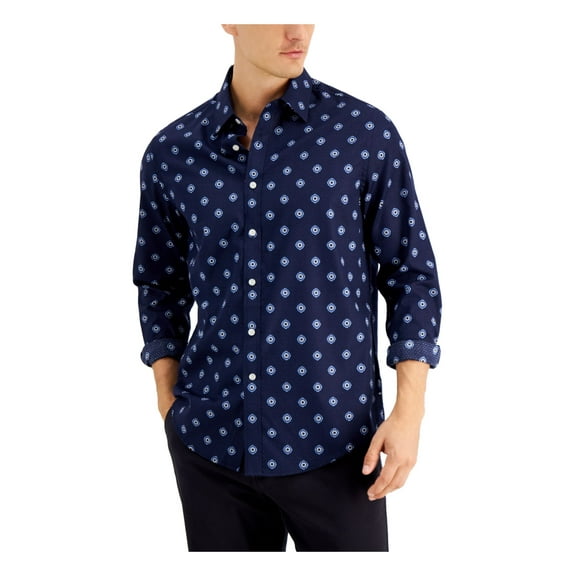 CLUBROOM Mens Navy Geometric Point Collar Classic Fit Button Down Shirt M