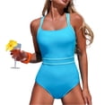 thumbnail image 3 of One Piece Swimsuit Women Tummy Control Modest Slim Color Block Bathing Suits High Cut Full Coverage Swimwear Blue XL, 3 of 7