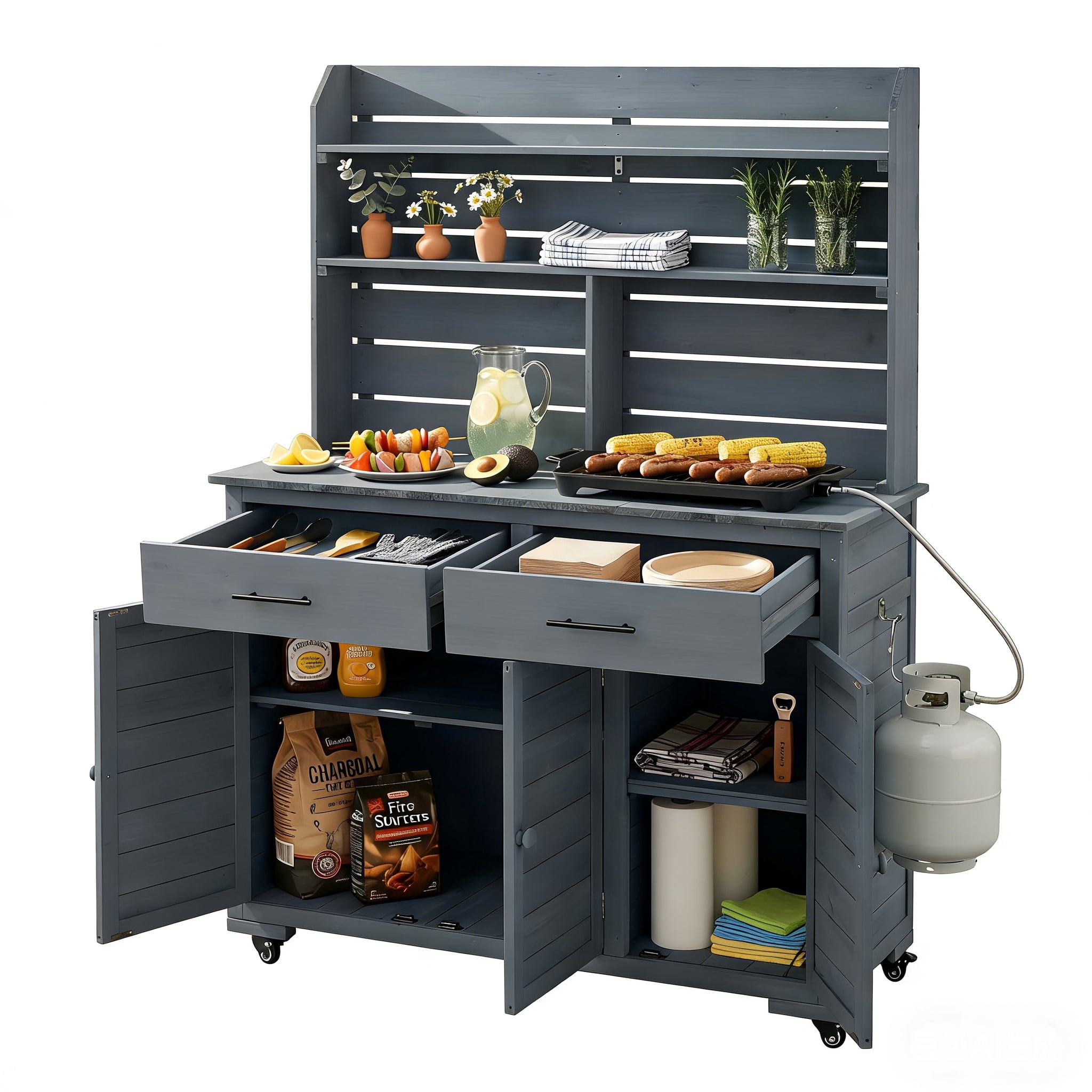 Mintazer 65"H Rolling Outdoor Potting Bench with 2 Drawers & Storage Cabinet, Farmhouse Kitchen Island Prep Cart with Hutch Top & Shelves, Gray