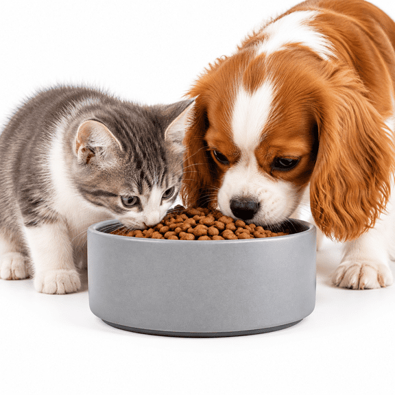 Gray Ceramic Pet Feeding Bowl for Cats Kittens Small Dogs - Non-Slip with Silicone Base, Dishwasher Microwave Safe, Modern Design