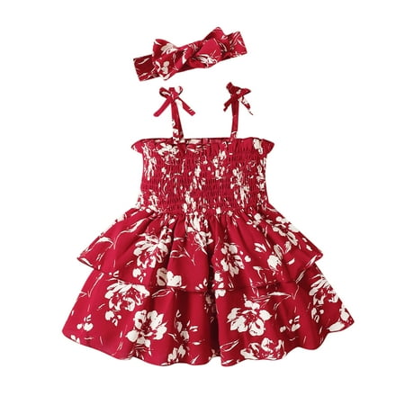 

Clothes For Girls Sleeveless Floral Prints Ruffles Princess Dresses For Girls With Headbands