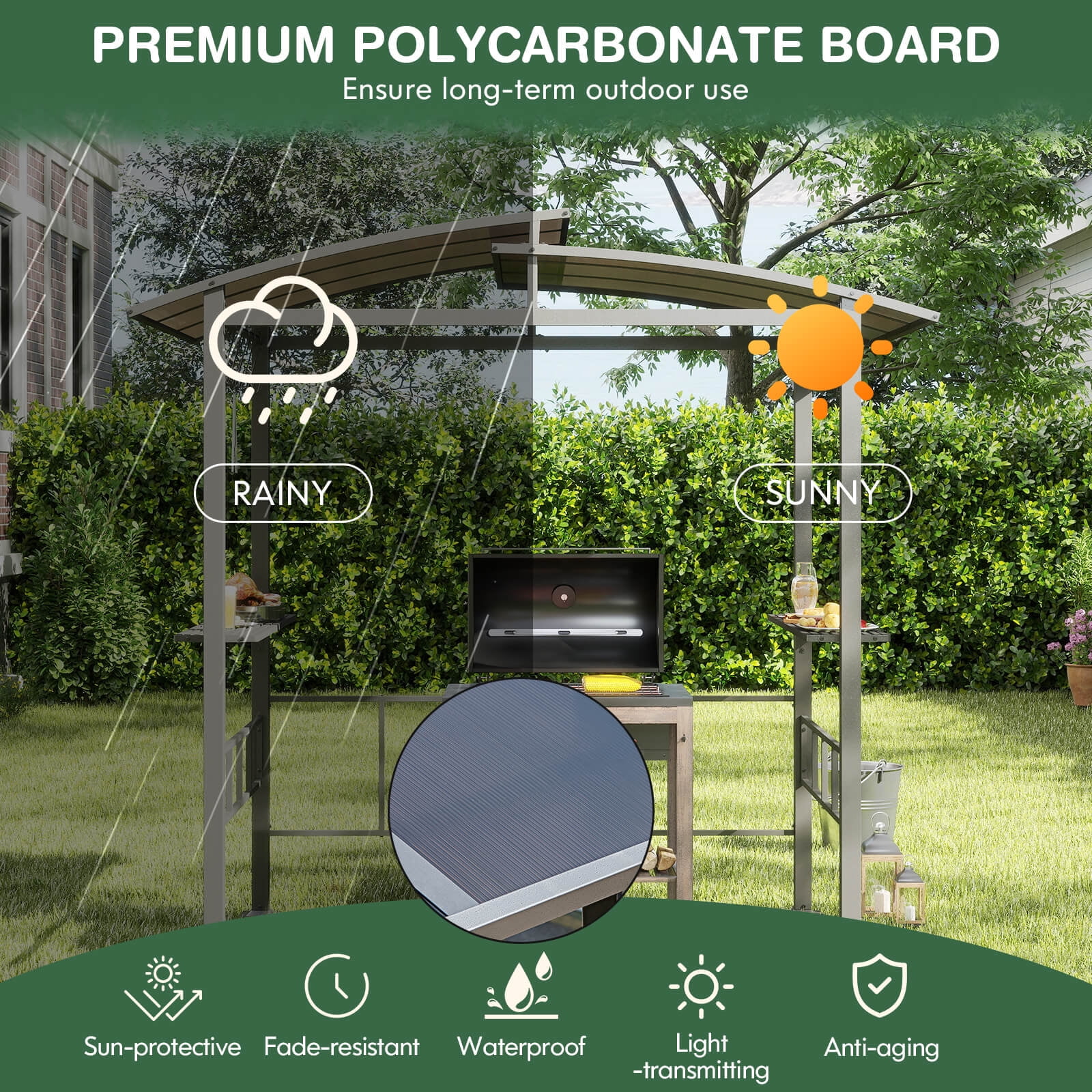 Costway 8' X 5' Hardtop Grill Gazebo with  Vented Polycarbonate Roof Side Shelves Hooks
