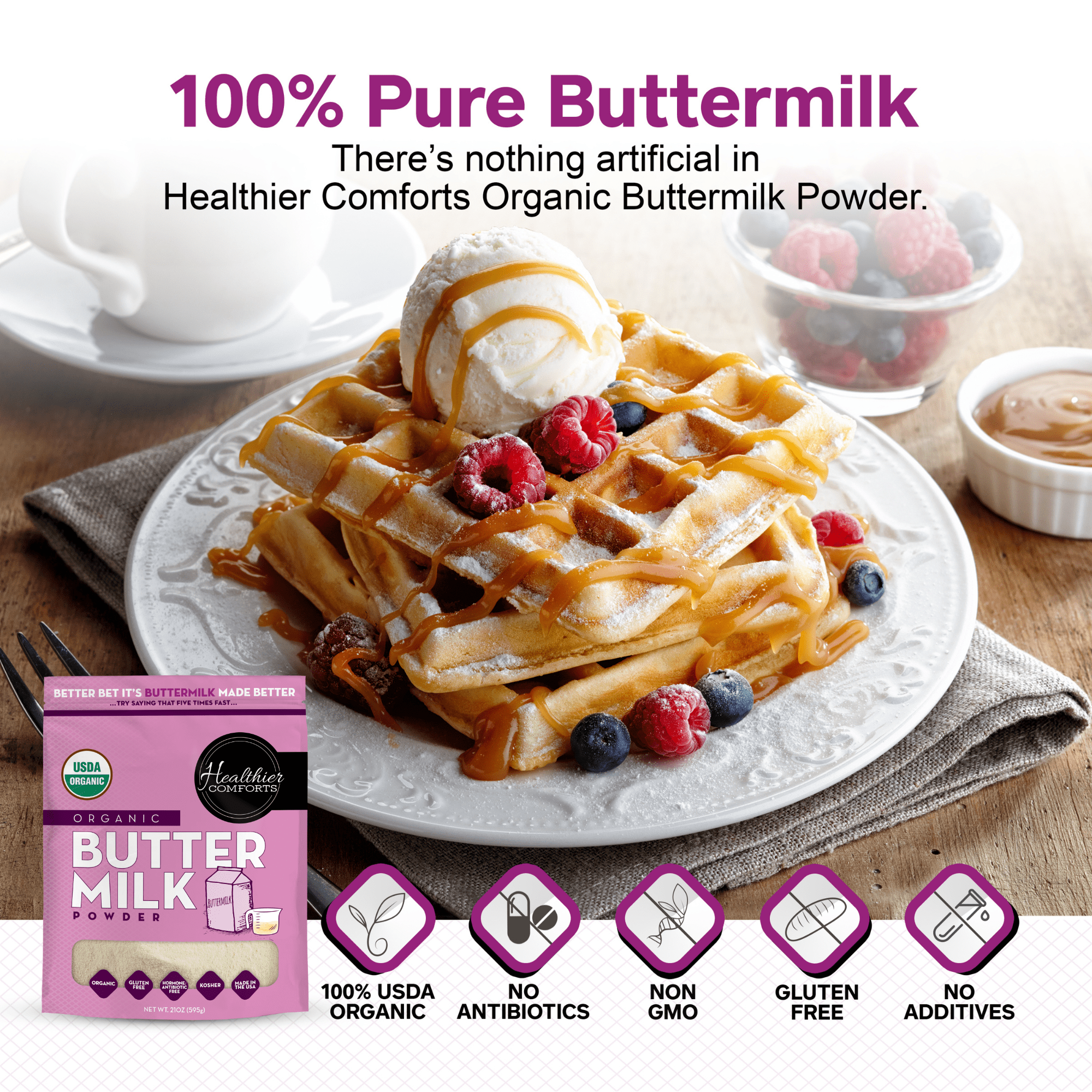 Healthier Comforts Organic Buttermilk Powder 21oz | USDA Certified, Kosher, Gluten Free, Non-GMO | Baking Supplies, Biscuits & Gravy, Mini Pancakes