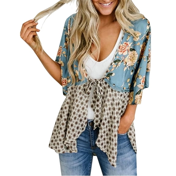 Weikingp Cardigans for Women Spring Summer Floral 3/4 Sleeve Tie Front Patchwork Loose Boho Flowy Beach Cover Up Blue L