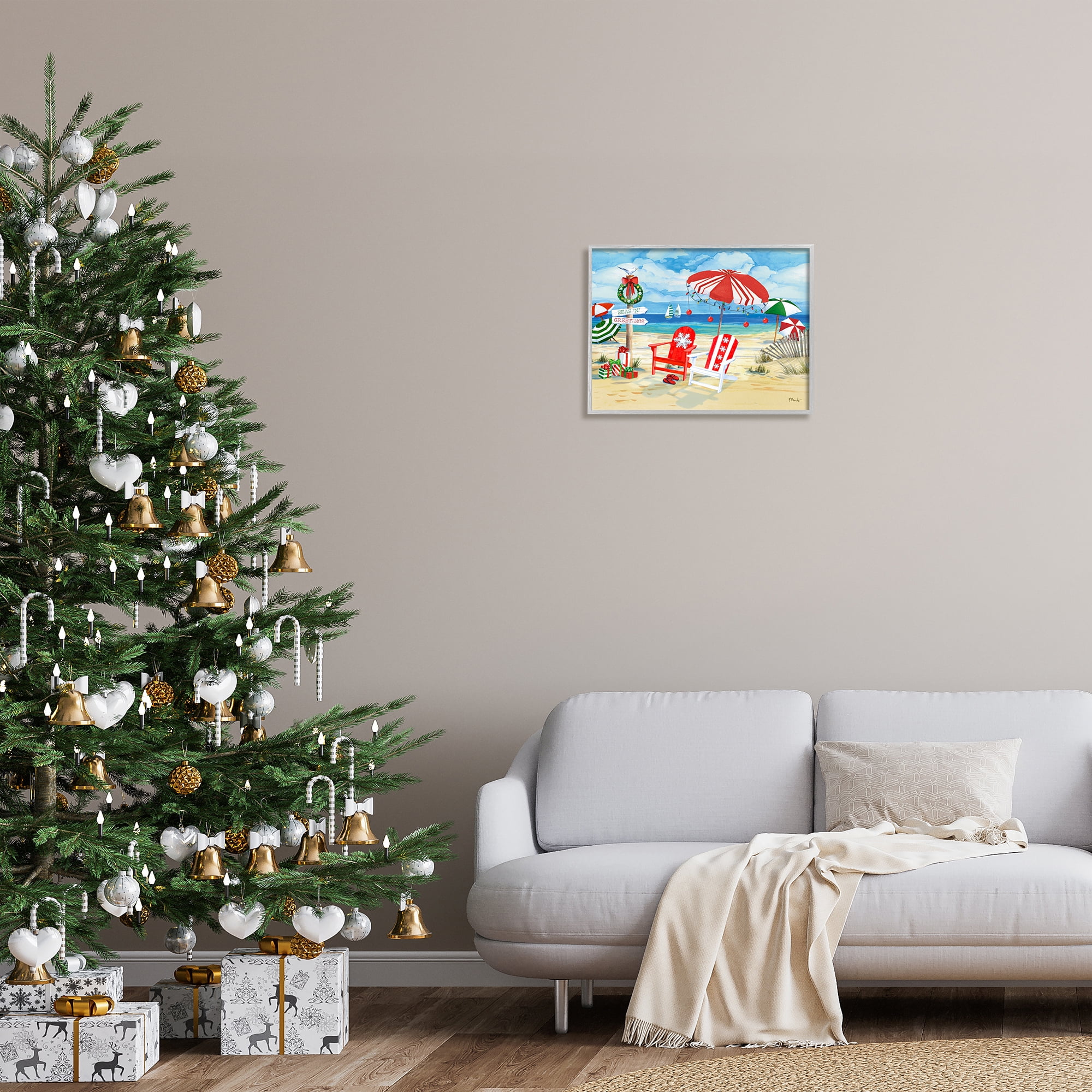 Stupell Industries Seas 'N' Greetings Scene Holiday Painting Gray Framed Art Print Wall Art, 20 x 16