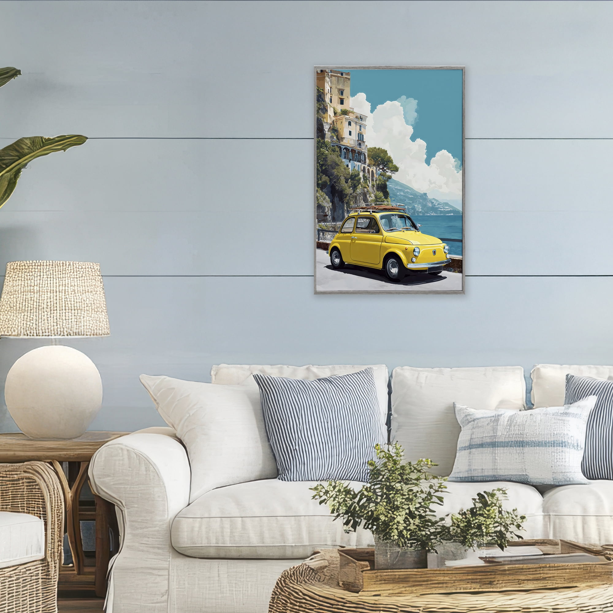 Stupell Industries Yellow Car on Coast Gray Framed Giclee Art, design by Petal Prints Design