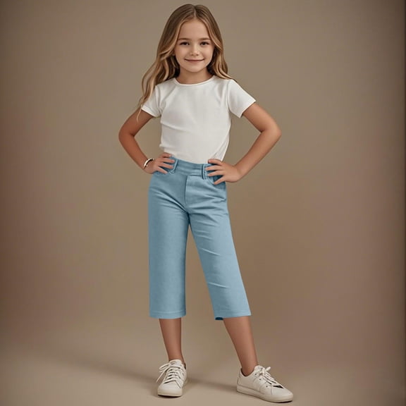 Girls Capri Pants Elastic Waist Straight Leg Dress Pants Teen Summer Solid Color Casual Loose Trousers with Pockets Light Blue 12-13 Years