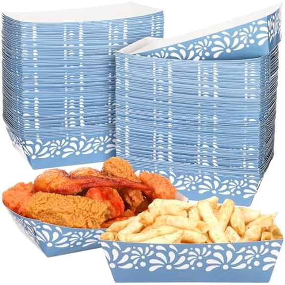 100 Pcs Cielito Lindo Party Decoration Supplies Mexican Snack Trays Platos De Barro Terracotta Clay Mexicanos Nacho Popcorn Disposable Trays for Cinco De Mayo Wedding(Blue Flower)