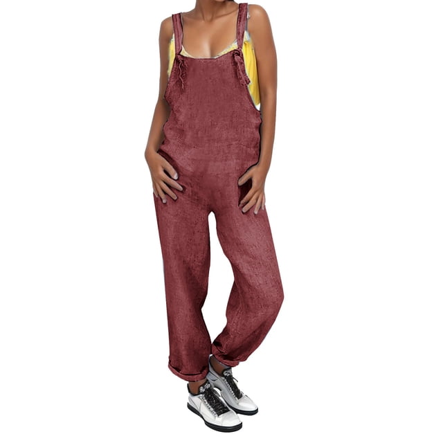 TrendOFT Combinaison d'Été pour Femmes Décontractée Ample Unie Col en U Sans Manches Combishort Ample pour Femmes une Pièce Salopette Bordeaux TTTG
