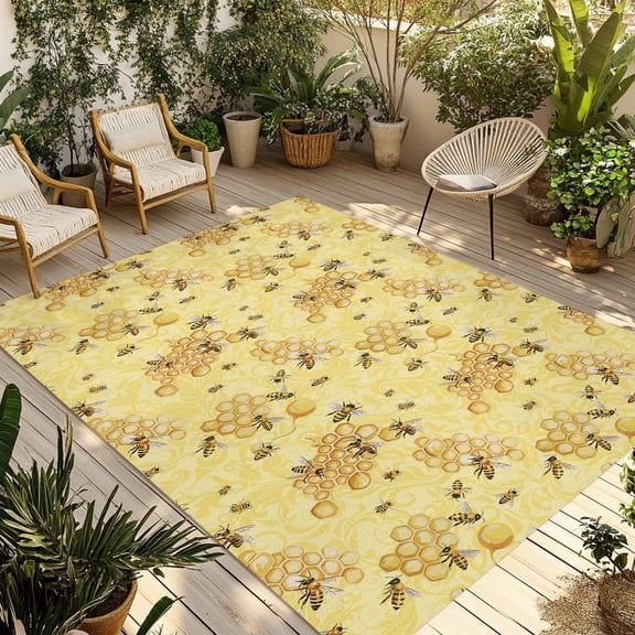Summer Bees Outdoor Rug 6x9 Ft - Reversible Patio Rug Outdoor Camping Rugs, Pastoral Garden Yellow Honey Watercolor Washable Indoor Outdoor Area Rugs, Non-Slip Outdoor Carpet Runner for Deck/Porch