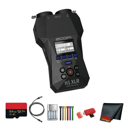 Zoom H1 XLR Portable Audio Recorder for Video Bundle With Microfiber Cleaning Cloth   4x AA Batteries With Charger   Extreme Pro 64GB microSDXC Memory Card   USB Card Reader