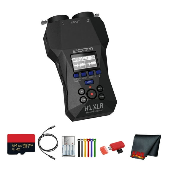 Zoom H1 XLR Portable Audio Recorder for Video Bundle With Microfiber Cleaning Cloth   4x AA Batteries With Charger   Extreme Pro 64GB microSDXC Memory Card   USB Card Reader