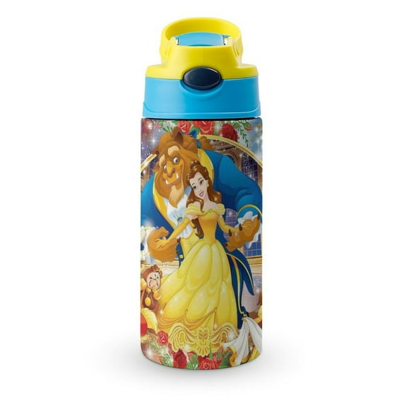 Kids Water Bottle with Covered Pop-Up Straw Beauty And Beast Insulated Stainless Steel Cup for Girls Boys Blue