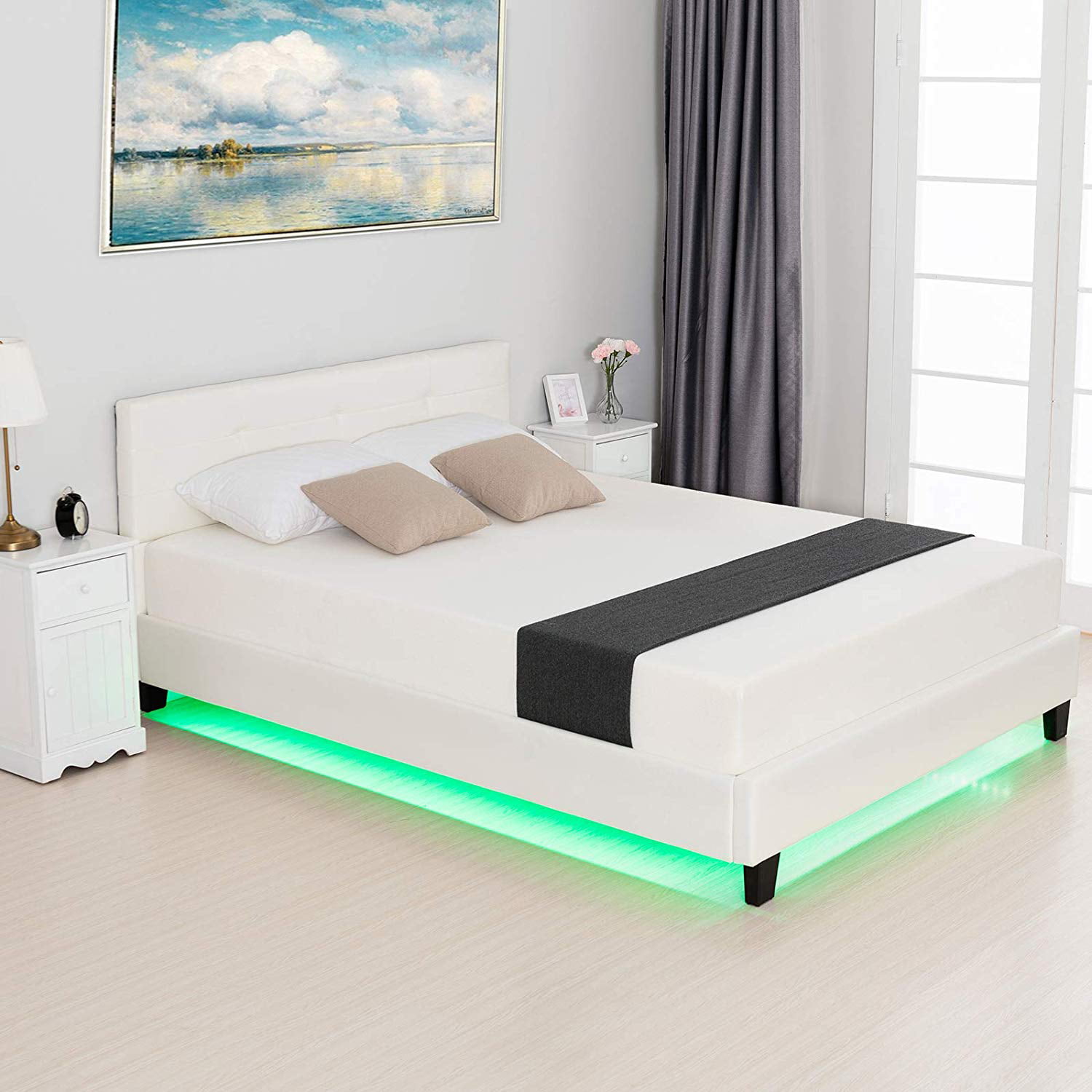mecor Black Full Size LED Bed Frame with 8 Color Changing LED Lights Headboard Modern Upholstered Faux Leather Platform Bed Black//Full Solid Wooden Slats Support