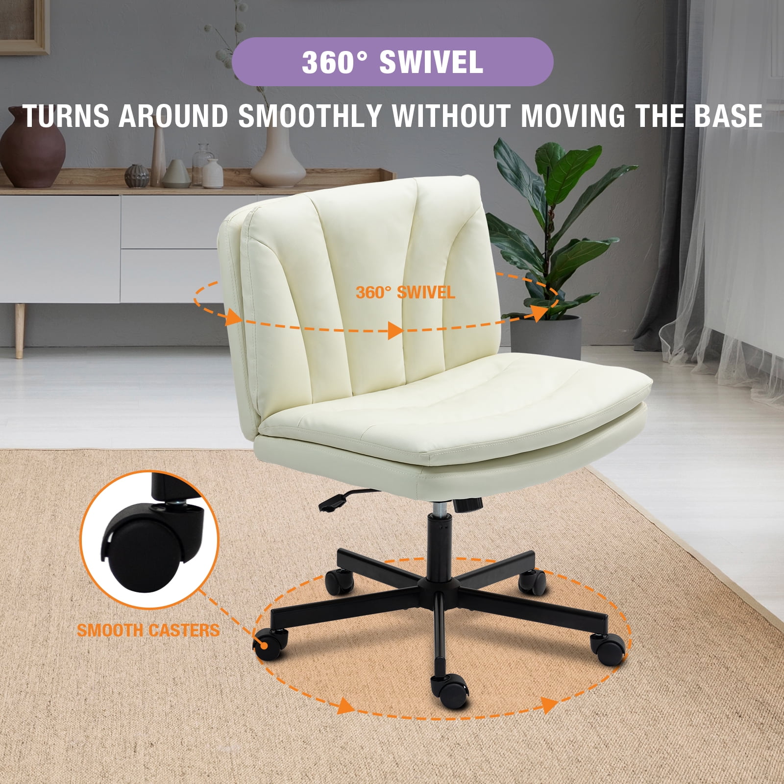 Criss Cross Legged Chair Ergonomic Home Office Desk Chair with Casters, Armless Wide Comfy Computer Task Seat Swivel Rolling Vanity Chair with Height Adjustable and Rocking Function, Beige