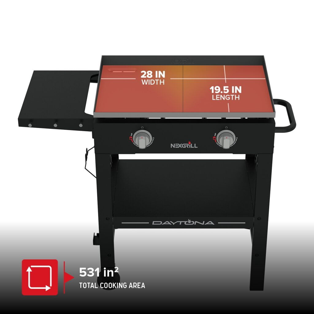 Nexgrill Daytona 2-Burner Propane Flat Top Grill – Portable Outdoor Griddle Gas Grill for Camping, Tailgating & Backyard Cooking – 34000 BTUs, 530 SQ. In. Grill for Burgers, BBQ & More 720-1150