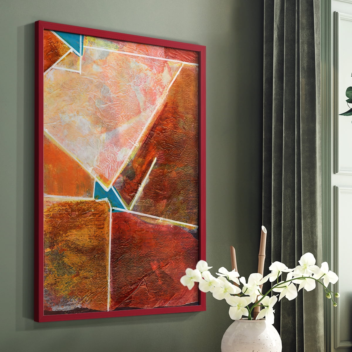 Primary Connection VIII Framed Print in Red Solid Wood Framed Print No Nail Hanging
