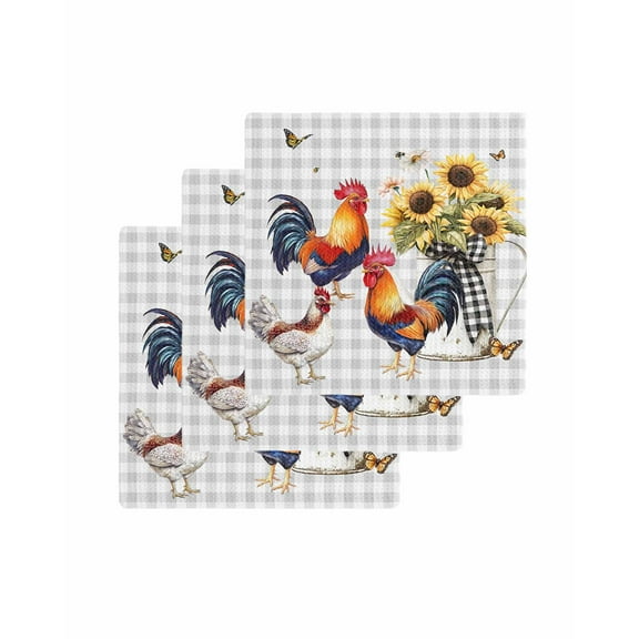 Chicken Sunflowers Kitchen Dish Towels for Drying Dishes Set of 3, Floral Butterfly Gray White Buffalo Plaid Waffle Weave Microfiber Terry Hand Tea Bathroom Towels Quick Dry & Absorbent Towel 12x12