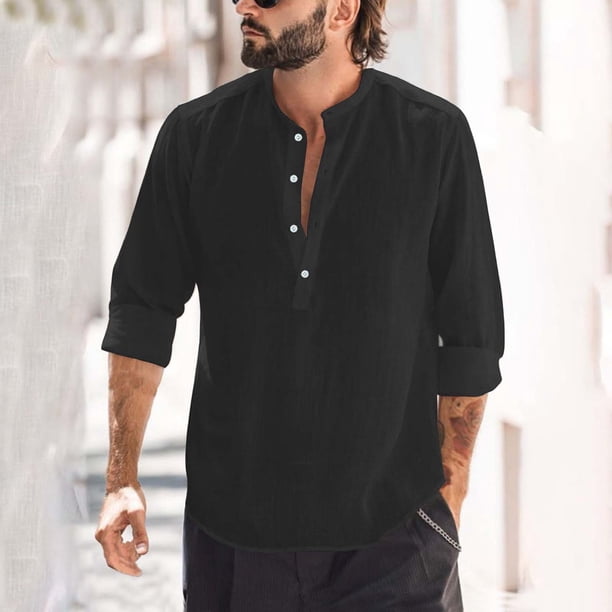 pstuiky camisas de manga larga para hombre, Blusa de cuello alto con mangas largas y botones de color liso para hombre Tops casuales para hombres xxxl