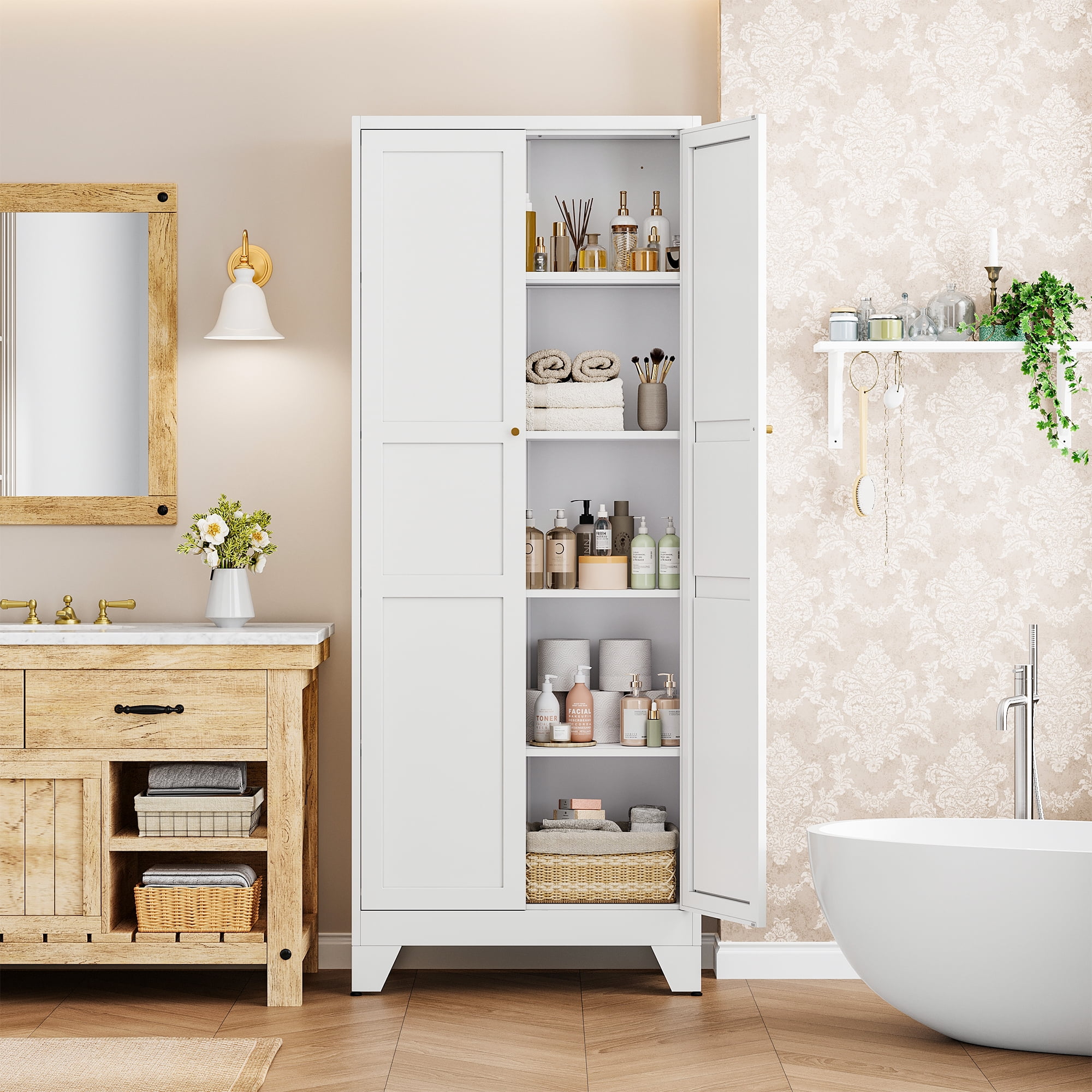 STANI 75"H Freestanding Storage Cabinet with 4 Adjustable Shelves and Legs, Metal/Alloy Steel, for Cupboard/Dining Room/Bathroom/Living Room/Office/Laundry Room (White, 75"H)