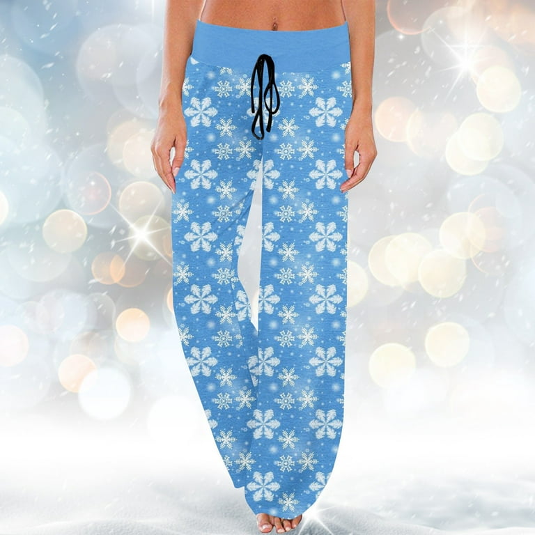 Qcmgmg Christmas Pj Pants Soft Wide Leg Snowflake Baggy Palazzo Women's  Pajama Pants Drawstring High Waist Comfy Boho Womens Lounge Pants with  Pockets Blue XL 