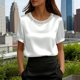 thumbnail image 1 of TaTaai Women's Office Casual Top Short Sleeve Round Neck Pearl Accent Solid Color Summer Blouse Professional Loose Fit Shirt Gift, 1 of 5