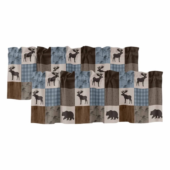 Blue Checkered Cabin Curtain Valances for Windows, Kitchen Valance Window Treatments Panel 2 Pack, Farmhouse Forest Brown Buffalo Plaid Rod Pocket Short Curtains for Bathroom Bedroom 42 x 12 Inch