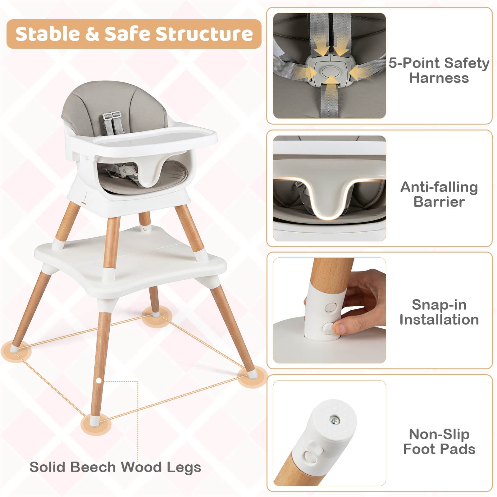 Costway 9-in-1 Kids Table & Chair Set with Solid Wood Legs, Removable Dishwasher-Safe Tray Gray + White