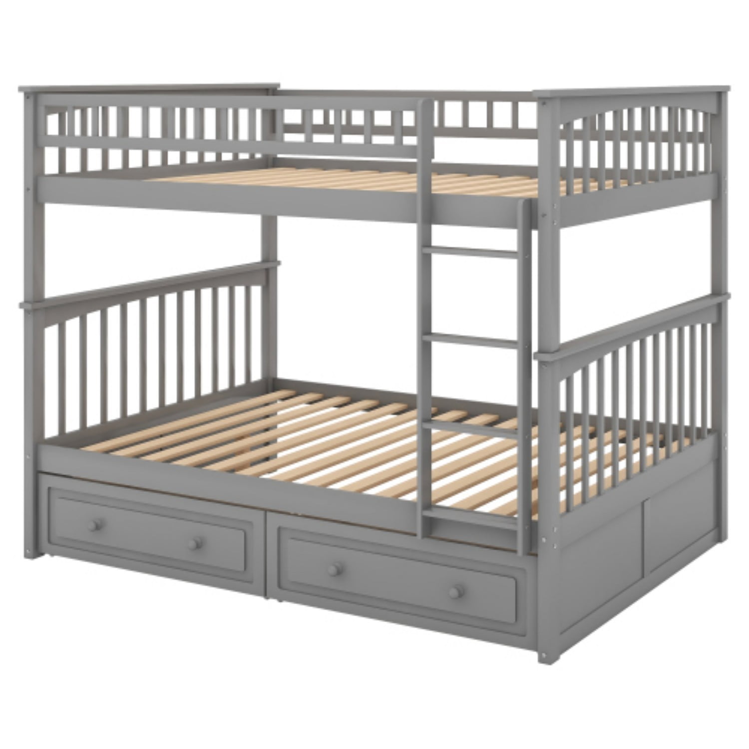 Full Over Full Bunk Bed with Storage Drawers, Convertible Wood Bunk Bed Frame with Safety Guardrails, Solid Pine Wood Kids & Adult Bed for Bedroom, Gray