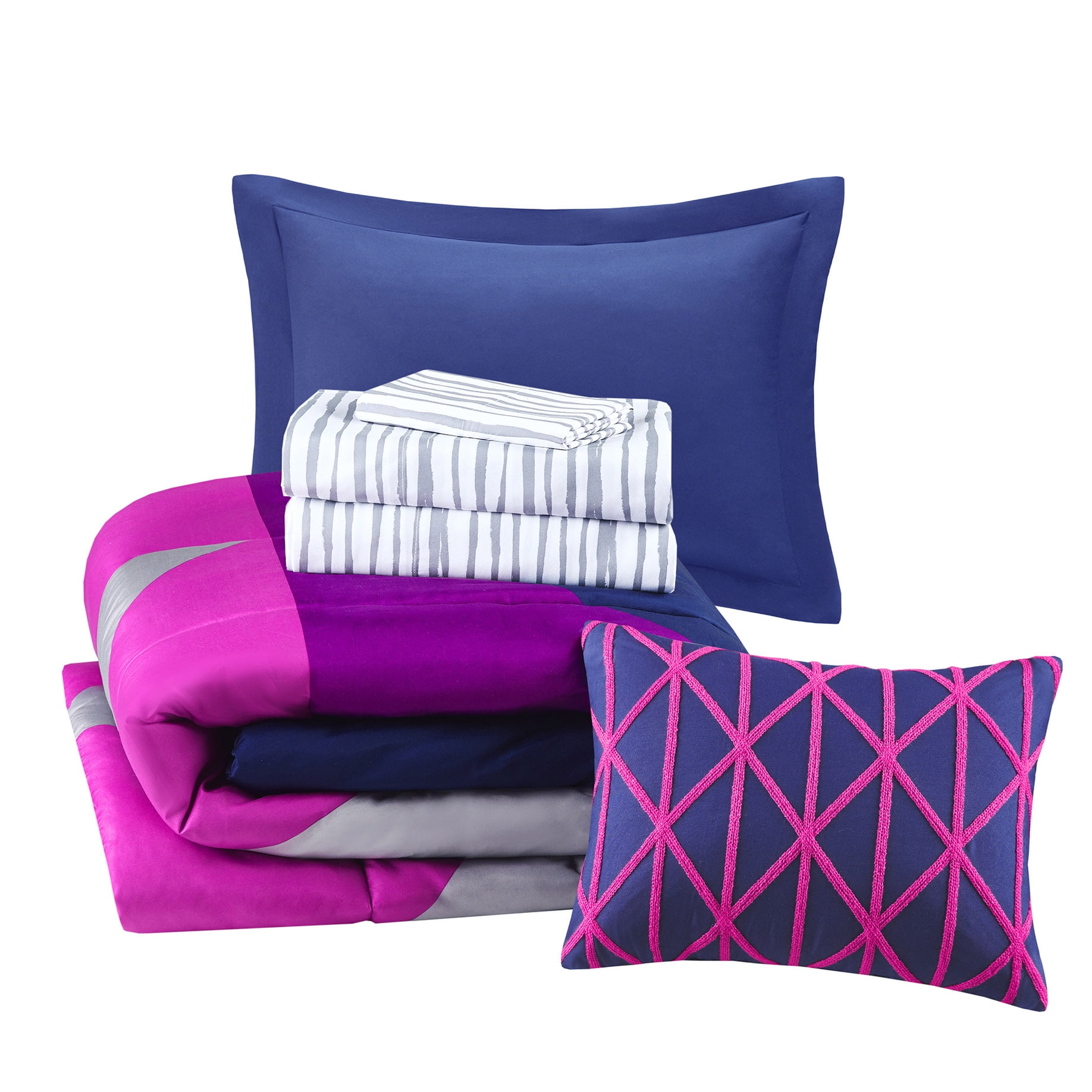 Mainstays Purple and Blue Geo 8 Piece Bed in a Bag Comforter Set With Sheets, Queen