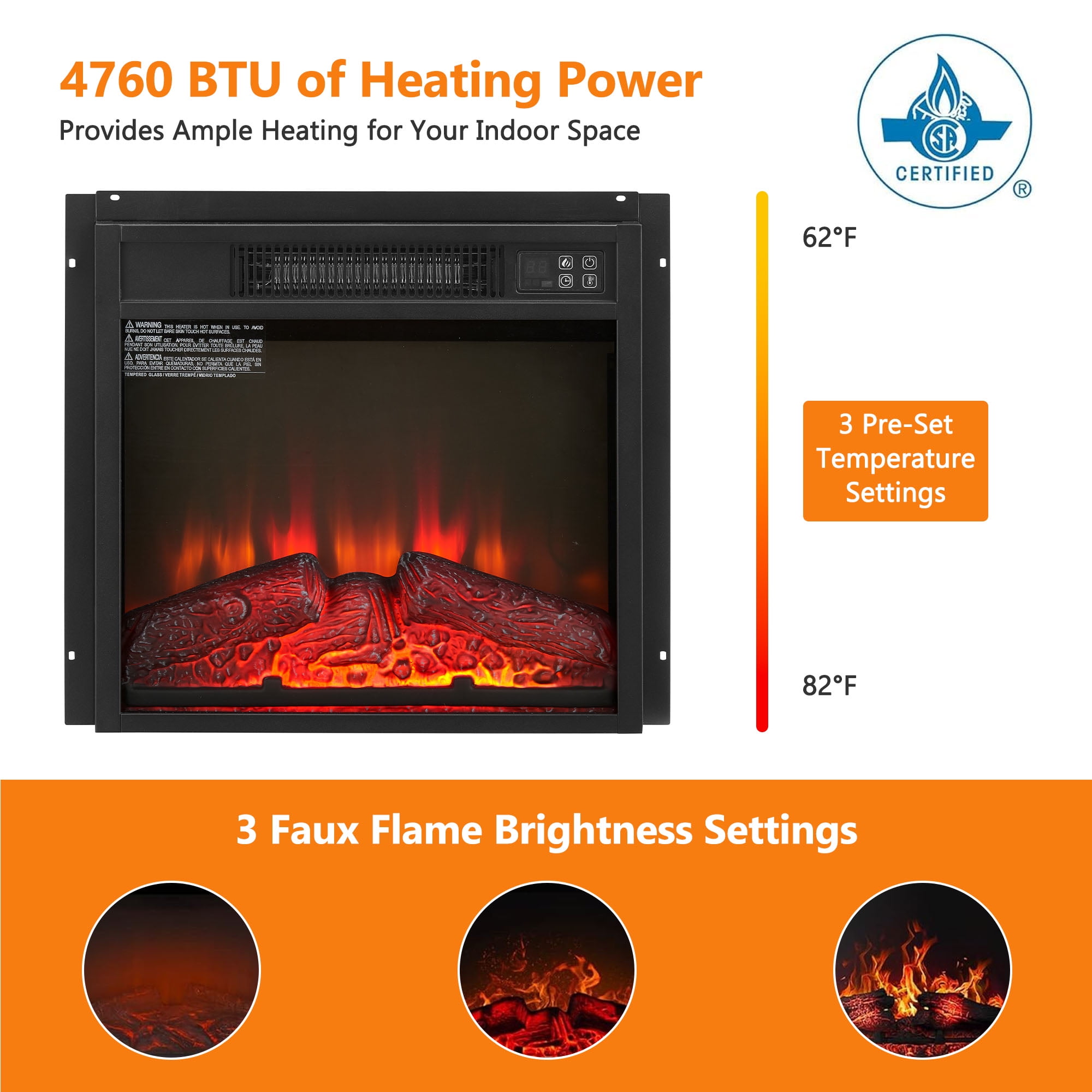 18" Fireplace Heaters for Inside, 3D Electric Fireplace Insert, 1400W Fireplace Heater, Adjustable Flame and Low Noise, CSA Certification